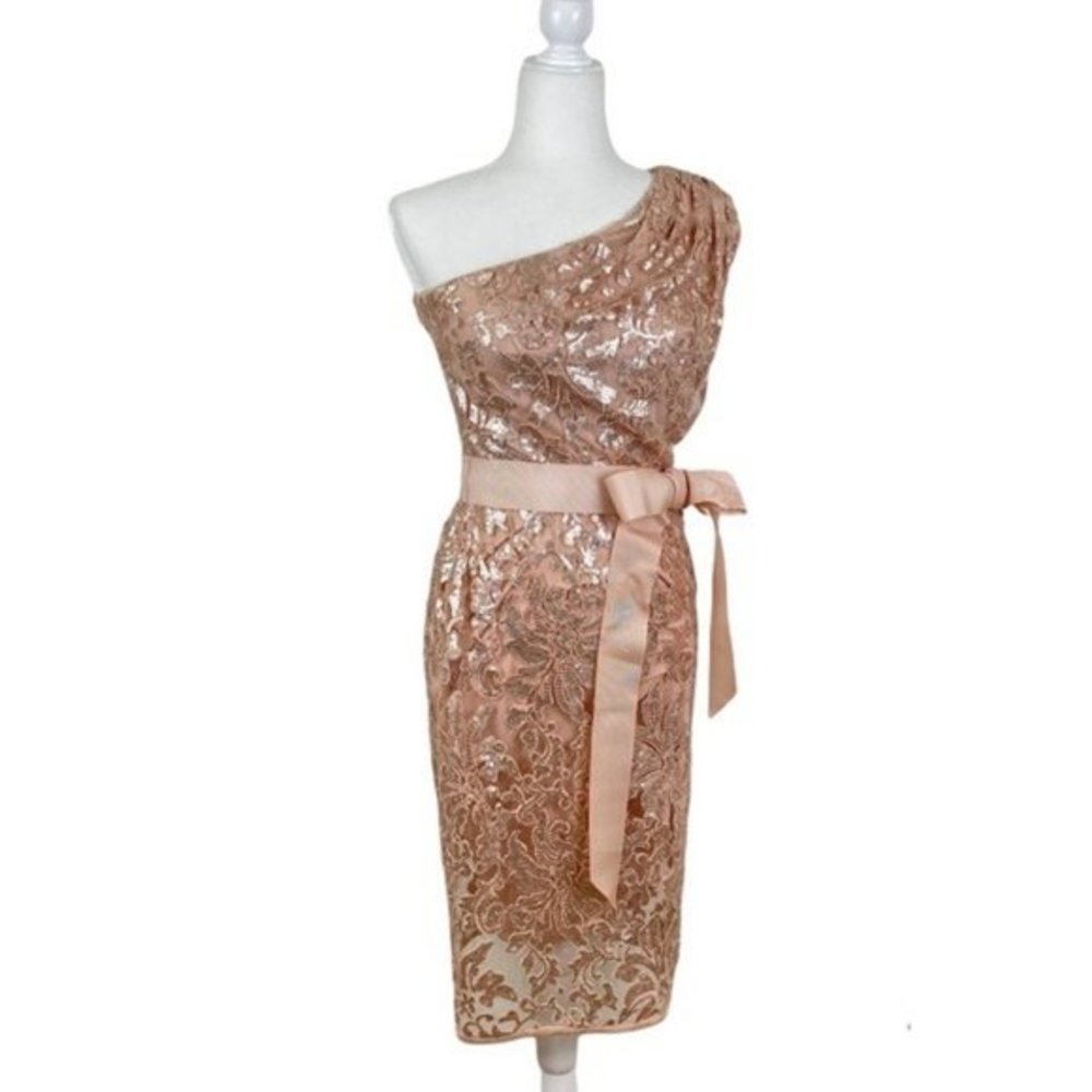 Tadashi Shoji Sequin One Shoulder Above Knee Dress Waist Tie Size 6 Small-Med